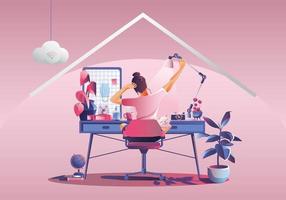 trabalhar a partir do conceito de casa, freelancers de jovem trabalhando em laptops em casa. pessoas em casa em quarentena. vista traseira do fundo rosa, ficar em casa ilustração vetorial. personagem de design plano vetor