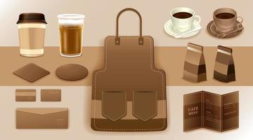 maquete de identidade visual corporativa, café, café, entrega de comida, maquete realista, uniforme, copo, pacote de papel, menu, ilustração vetorial