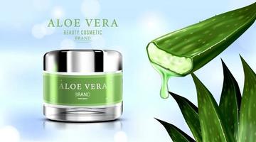 frasco cosmético de luxo pacote creme de cuidados com a pele, creme de aloe vera e spray com respingos de líquido através das folhas no fundo bokeh glitter, ilustração vetorial vetor