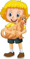 personagem de desenho animado de garota feliz abraçando um cachorro fofo vetor