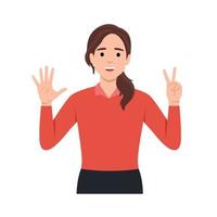jovem mulher personagem levantar dela mãos para mostrar a contagem número 7. plano vetor ilustração isolado em branco fundo