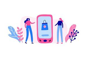 dois mulheres em pé perto uma grande Smartphone e faço compras. vetor