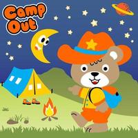 fofa Urso dentro escoteiro uniforme dentro acampamento terra às noite, vetor desenho animado ilustração