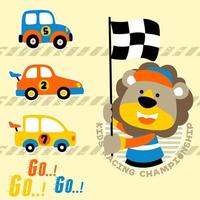 carro corrida desenho animado com uma fofa leão, vetor desenho animado ilustração