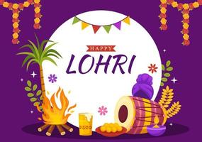 feliz Lohri festival do punjab Índia ilustração com jogando dança e celebração fogueira dentro plano desenho animado mão desenhado para aterrissagem página modelos vetor