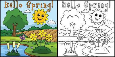 Olá Primavera sorridente Sol coloração ilustração vetor