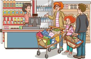 compras crianças e família desenho animado vetor ilustração