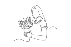 contínuo 1 linha desenhando feliz mulher segurando balde do flor. Primavera conceito. solteiro linha desenhar Projeto vetor gráfico ilustração.