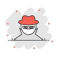 ícone de hacker de fraude em estilo cômico. ilustração em vetor espião dos desenhos animados no fundo isolado. cyber defender conceito de negócio de efeito de respingo.