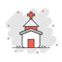 ícone da igreja em estilo cômico. capela ilustração dos desenhos animados vetor sobre fundo branco isolado. efeito de respingo de conceito de negócio de construção religiosa.