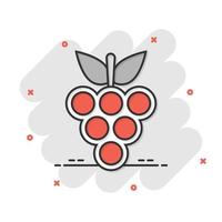 ícone de sinal de frutas de uva em estilo cômico. ilustração dos desenhos animados do vetor da videira no fundo branco isolado. efeito de respingo de conceito de negócio de uvas para vinho.