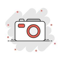 ícone de sinal de dispositivo de câmera em estilo cômico. ilustração dos desenhos animados do vetor da fotografia no fundo branco isolado. efeito de respingo de conceito de negócio de equipamento cam.