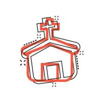 ícone da igreja em estilo cômico. capela ilustração dos desenhos animados vetor sobre fundo branco isolado. efeito de respingo de conceito de negócio de construção religiosa.