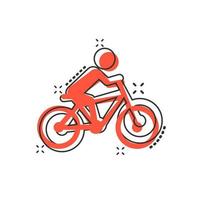 pessoas no ícone de sinal de bicicleta em estilo cômico. ilustração dos desenhos animados do vetor da bicicleta no fundo branco isolado. homens ciclismo efeito de respingo de conceito de negócio.