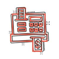 ícone de caixa registradora em estilo cômico. verifique a ilustração em vetor máquina dos desenhos animados no fundo branco isolado. conceito de negócio de efeito de respingo de pagamento.