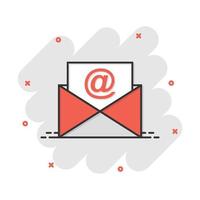 ícone de envelope de correio em estilo cômico. mensagem de e-mail pictograma de ilustração vetorial dos desenhos animados. efeito de respingo de conceito de negócio de e-mail de caixa de correio. vetor