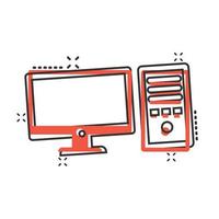 ícone de computador pc em estilo cômico. ilustração em vetor desktop dos desenhos animados no fundo branco isolado. conceito de negócio de efeito de respingo de monitor de dispositivo.