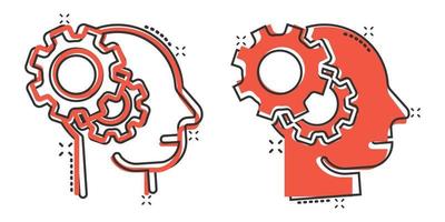 cabeça humana com ícone de roda dentada em estilo cômico. ilustração em vetor desenho animado progresso da tecnologia em fundo branco isolado. conceito de negócio de efeito de respingo de rosto e engrenagem.