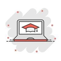 ícone de educação elearning em estilo cômico. estudo pictograma de ilustração vetorial dos desenhos animados. efeito de respingo de conceito de negócios de treinamento on-line de computador portátil. vetor