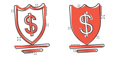 escudo com ícone de dinheiro em estilo cômico. ilustração em vetor proteção dinheiro dos desenhos animados no fundo branco isolado. conceito de negócio de efeito de respingo bancário.