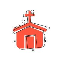 ícone da igreja em estilo cômico. capela ilustração dos desenhos animados vetor sobre fundo branco isolado. efeito de respingo de conceito de negócio de construção religiosa.