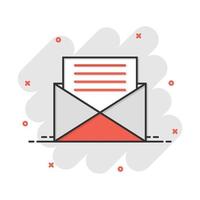 ícone de envelope de correio em estilo cômico. mensagem de e-mail pictograma de ilustração vetorial dos desenhos animados. efeito de respingo de conceito de negócio de e-mail de caixa de correio. vetor