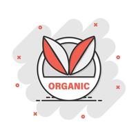 ícone distintivo orgânico vegano de desenho vetorial em estilo cômico. eco bio produto selo conceito ilustração pictograma. conceito de efeito de respingo de negócios de alimentos naturais ecológicos. vetor