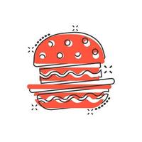 ícone de sinal de hambúrguer em estilo cômico. ilustração dos desenhos animados do vetor hambúrguer em fundo branco isolado. efeito de respingo de conceito de negócio de cheeseburger.