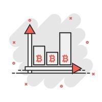 ícone de crescimento de bitcoin em estilo cômico. ilustração em vetor blockchain dos desenhos animados em fundo branco isolado. conceito de negócio de efeito de respingo de criptomoeda.