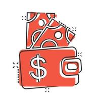 ícone de carteira em estilo cômico. ilustração em vetor bolsa dos desenhos animados no fundo branco isolado. conceito de negócio de efeito de respingo de bolsa de finanças.