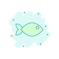 ícone de sinal de peixe em estilo cômico. peixinho vector ilustração dos desenhos animados sobre fundo branco isolado. efeito de respingo de conceito de negócio de frutos do mar.