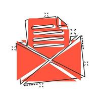 ícone de envelope de correio em estilo cômico. mensagem de e-mail pictograma de ilustração vetorial dos desenhos animados. efeito de respingo de conceito de negócio de e-mail de caixa de correio. vetor