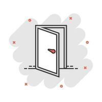ícone de porta de desenho vetorial em estilo cômico. pictograma de ilustração de sinal de saída. conceito de efeito de respingo de negócios de porta aberta. vetor