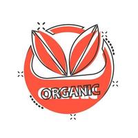 ícone distintivo orgânico vegano de desenho vetorial em estilo cômico. eco bio produto selo conceito ilustração pictograma. conceito de efeito de respingo de negócios de alimentos naturais ecológicos. vetor
