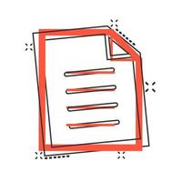 ícone de nota de documento em estilo cômico. pictograma de ilustração de desenho vetorial de folha de papel. efeito de respingo de conceito de negócio de documento de bloco de notas. vetor