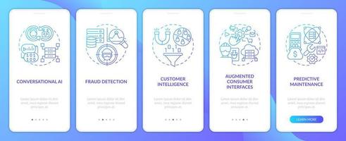 ai e dados Ciência soluções azul gradiente onboarding Móvel aplicativo tela. passo a passo 5 passos gráfico instruções com linear conceitos. interface do usuário, ux, gui modelo vetor