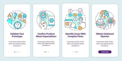 benefícios do usabilidade teste onboarding Móvel aplicativo tela. avaliação passo a passo 4 passos editável gráfico instruções com linear conceitos. interface do usuário, ux, gui modelo vetor