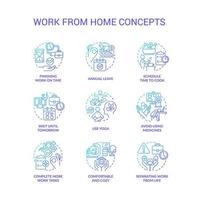 trabalhos a partir de casa dicas azul gradiente conceito ícones definir. Cuidado do você mesmo. esgotamento prevenção idéia fino linha cor ilustrações. isolado símbolos vetor