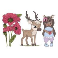 veado menina desenho animado floresta animal vetor ilustração conjunto