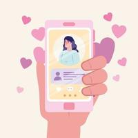 aplicativo de serviço de namoro online com a mão segurando um smartphone com perfil de mulher vetor