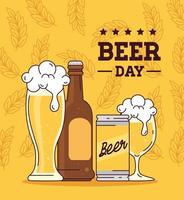 celebração do dia internacional da cerveja com abeer bootle, caneca, copo e lata vetor