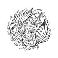flor botânica, desenho e esboço com arte em preto e branco. Forma redonda. ilustração botânica desenhada à mão vetor