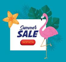 banner de liquidação de verão com flamingo e folhas vetor