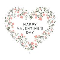 coração moldura floral feliz dia dos namorados. design de cartão de dia dos namorados. moldura de forma de coração, vegetação fresca, plantas, flores, ramos. vetor