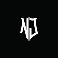 Fita de logotipo de carta de monograma nj com estilo de escudo isolado em fundo preto vetor