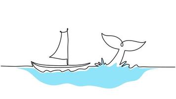 1 linha desenhando do navio e baleia rabo isolado em branco fundo vetor