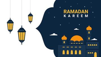 Ramadã kareem fundo bandeira poster com mesquita e lanternas. vetor