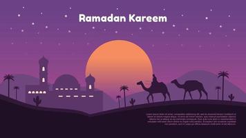 Ramadã kareem fundo com mesquita, lua e pessoas em camelo vetor