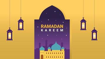 Ramadã kareem fundo bandeira poster com mesquita e lanternas vetor