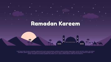 Ramadã kareem fundo com mesquita, lua e montanha às noite, vetor